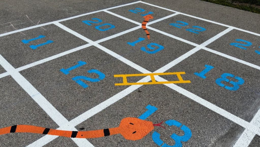 playground markings freshly painted close-up for Kingsley Elementary School