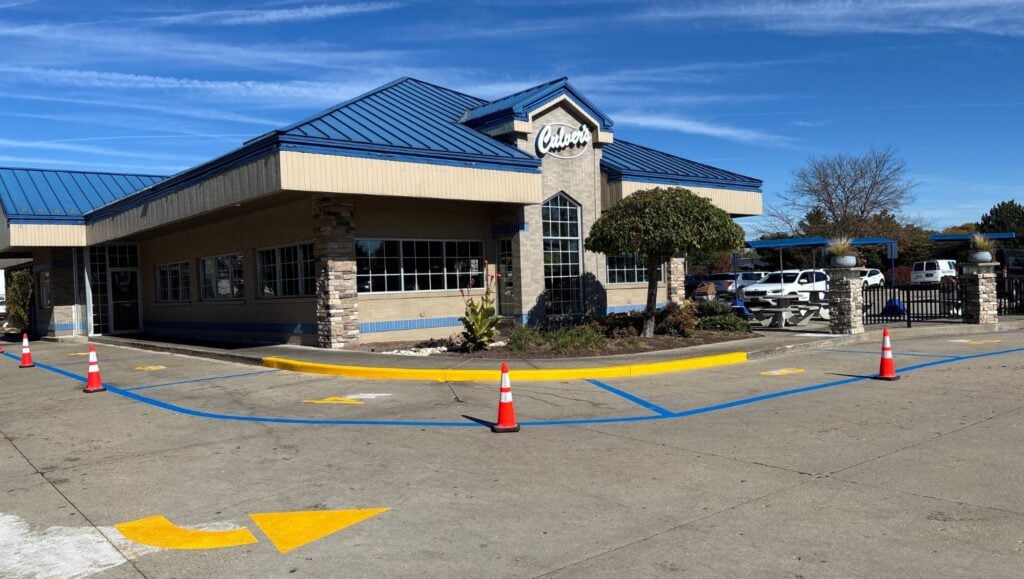 front view of Culvers parking lot freshly painted