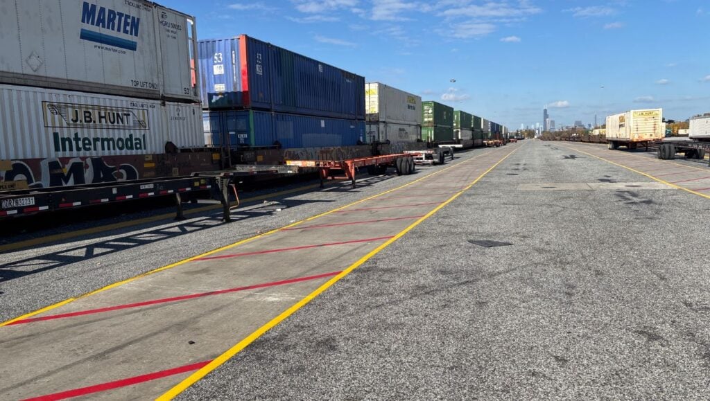 line markings freshly painted for Norfolk Southern Railyard