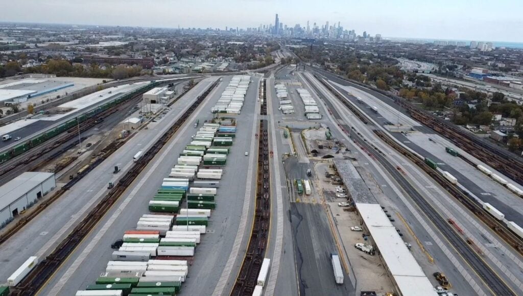 aerial view of Norfolk Southern Railyard with freshly painted line markings
