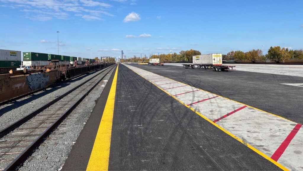 yellow line markings freshly painted for Norfolk Southern Railyard