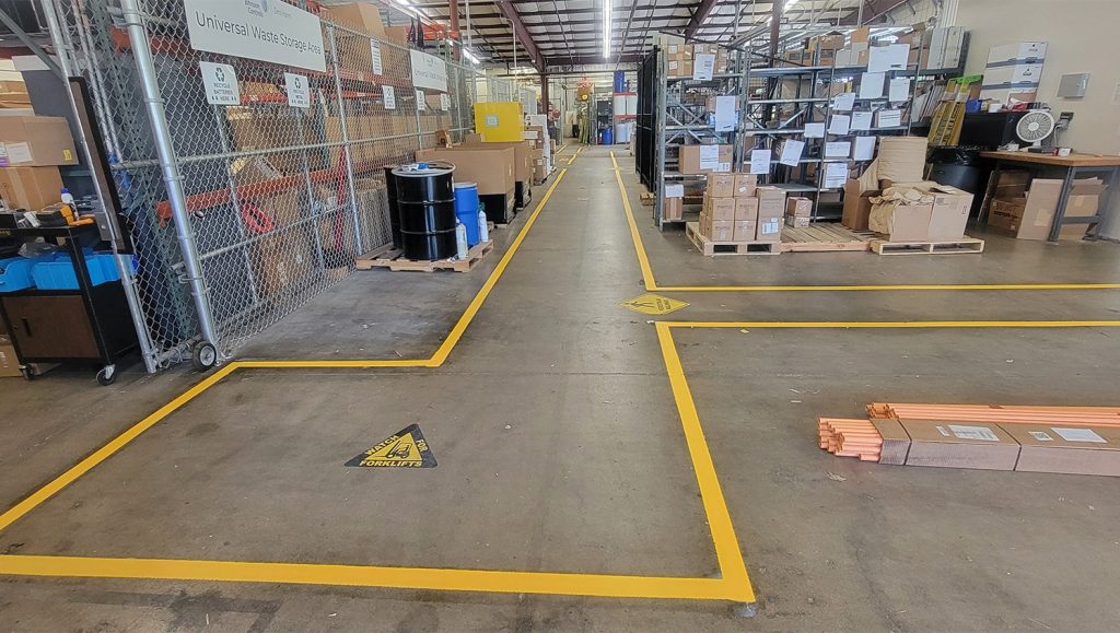 close-up of freshly painted markings inside of warehouse