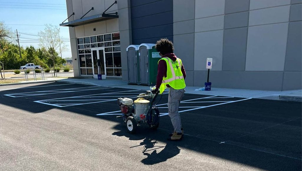 parking spots freshly painted for Stelzer Road Warehouse parking lot
