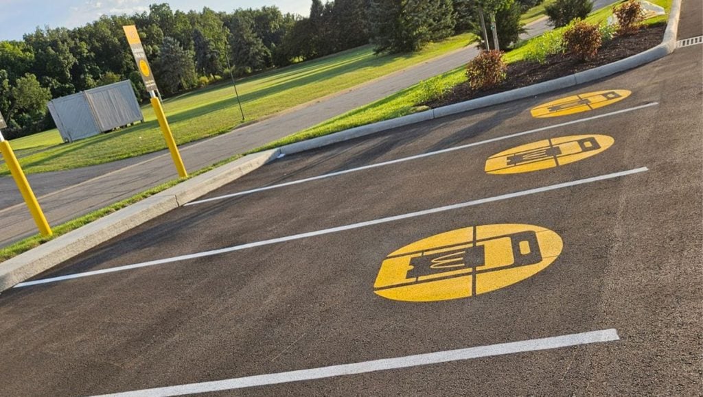 Mcdonald's parking lot with freshly painted line markings