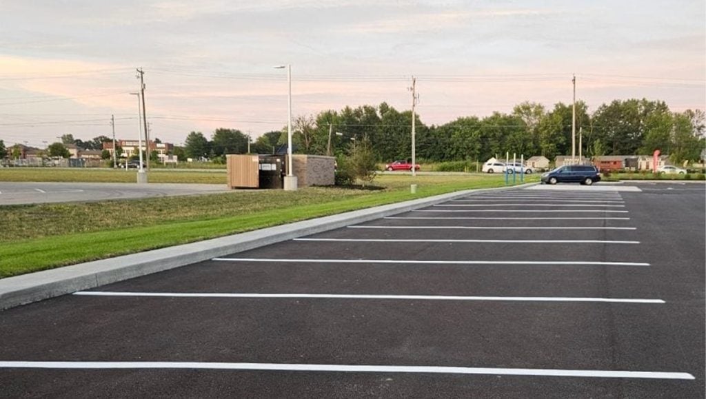 close-up of freshly painted line markings on Mcdonald's parking lot