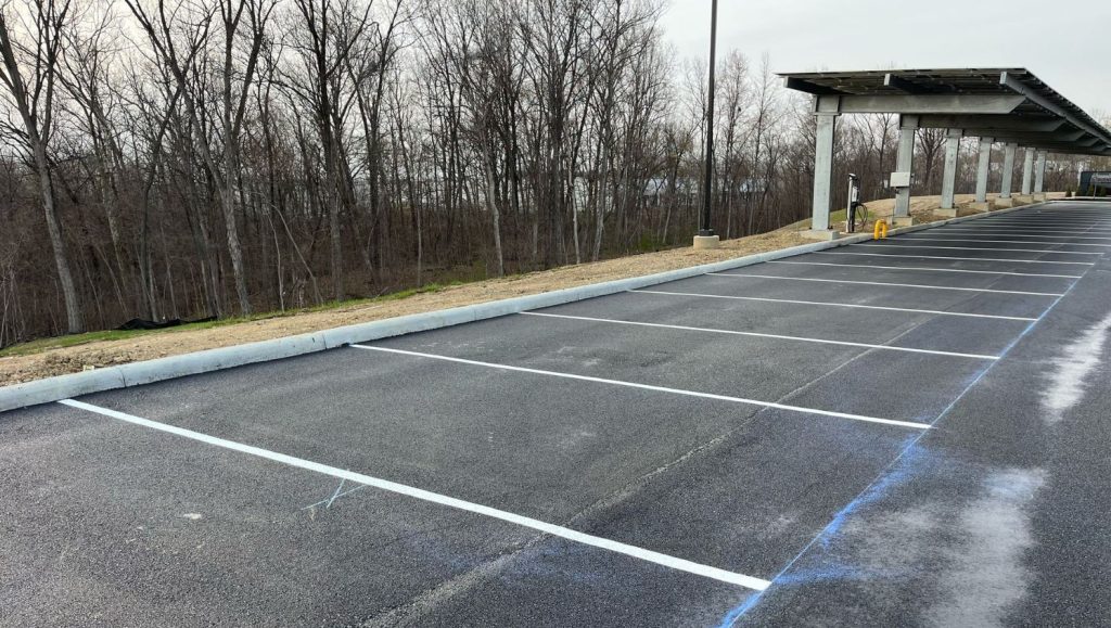 close-up of multiple parking spots freshly painted for Burns & Scalo parking lot