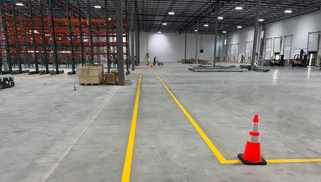 warehouse floor markings freshly painted for NEFCO Columbus close-up