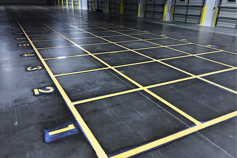 angled view of new pallet square layout inside American Logistic Services