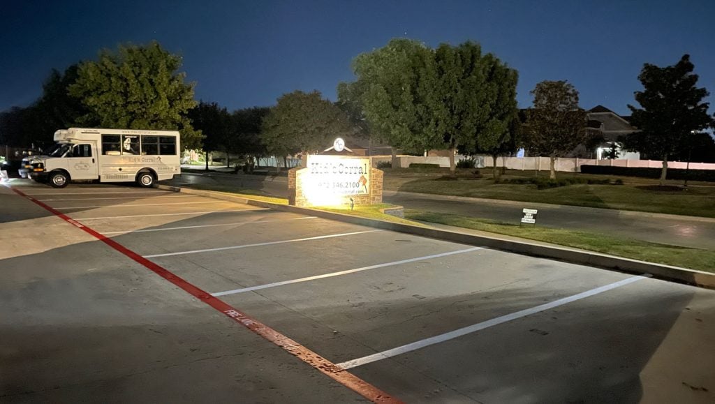 close-up of fire lane striping freshly painted for The Kid's Corral