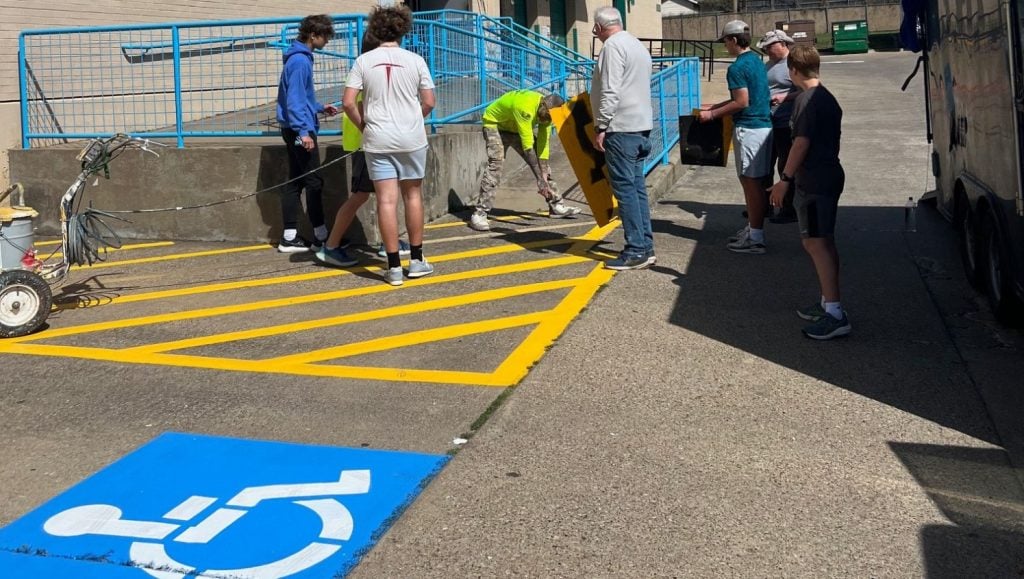 freshly painted line markings for Eagle Scouts / North Dallas Shared Ministries parking lot