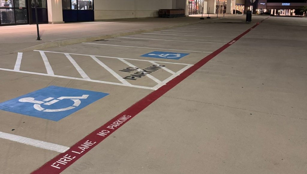 fire lane markings freshly painted for Preston Park Village parking lot