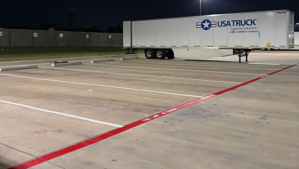 close-up of fire lane striping for DSV Solutions parking lot