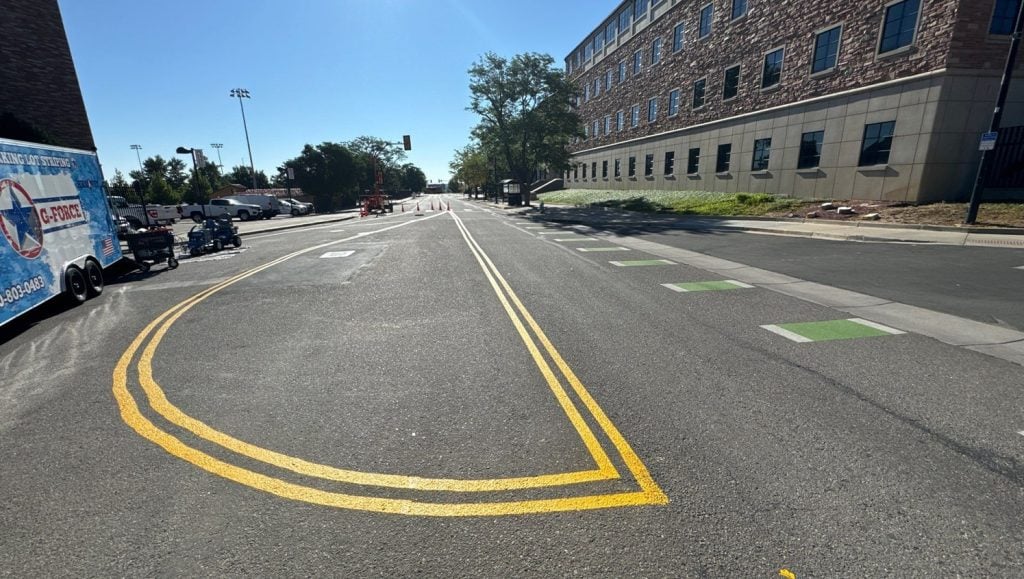 freshly painted line markings for Folsom Field