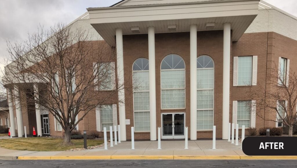 front view of Tri-City Baptist Church with freshly installed bollards after portrait