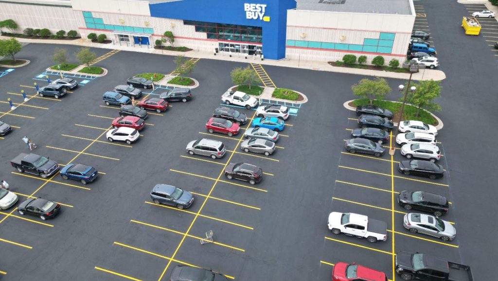 aerial view of new parking lot markings