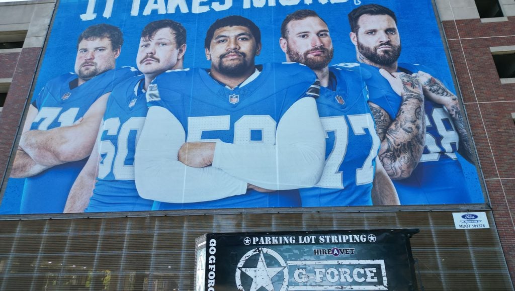 front view of Ford Field Parking Garage freshly painted parking spots