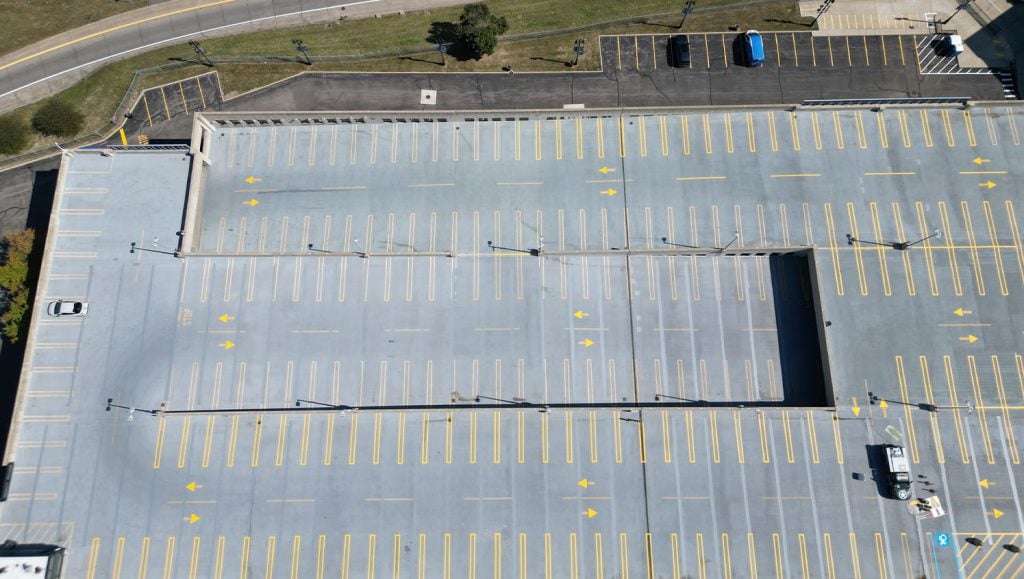 aerial view of Ford Field Parking Garage parking lot freshly painted