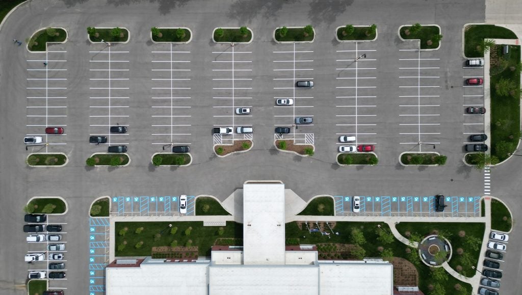 aerial view of veteran affair parking lot with fresh ada compliance parking spots