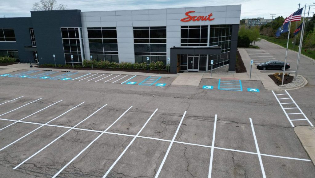 ada compliance parking spots freshly painted for Scout Motors