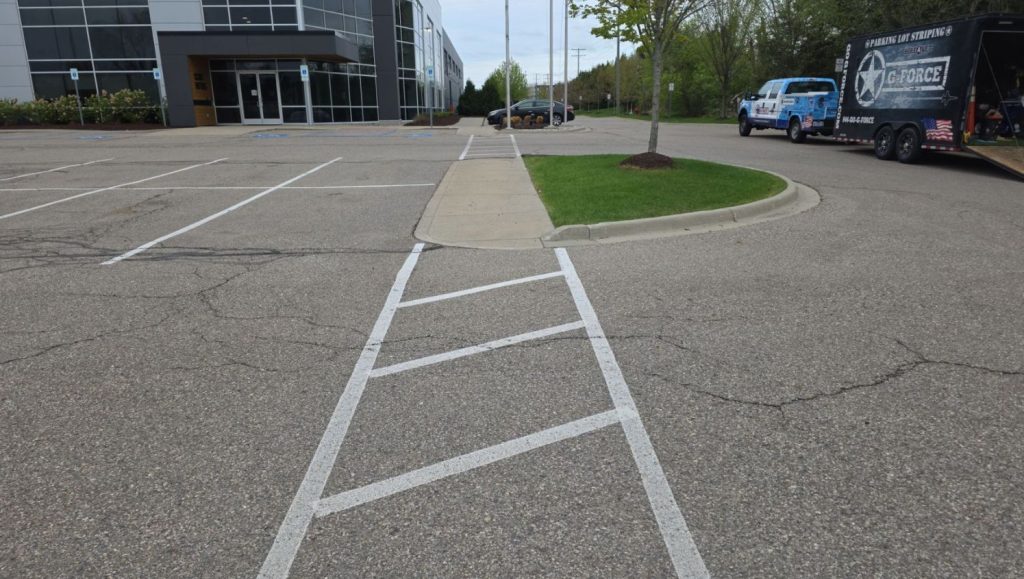 crosswalk freshly painted for Scout Motors parking lot