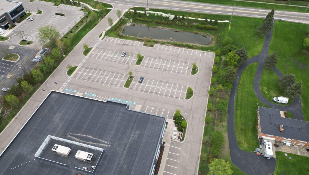 aerial view of Scout Motors parking lot with freshly painted parking spots