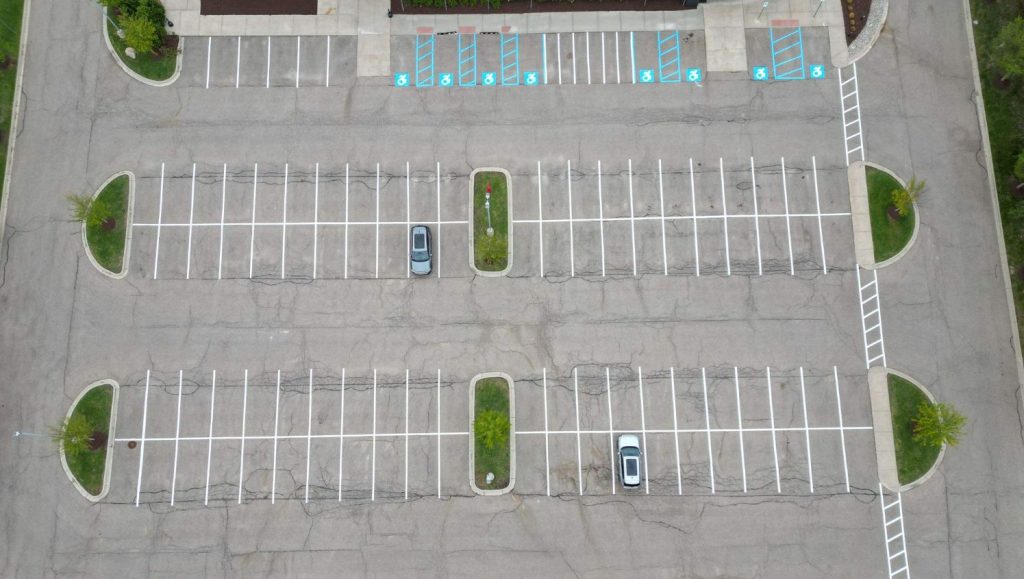 aerial view of parking spots freshly painted for Scout Motors