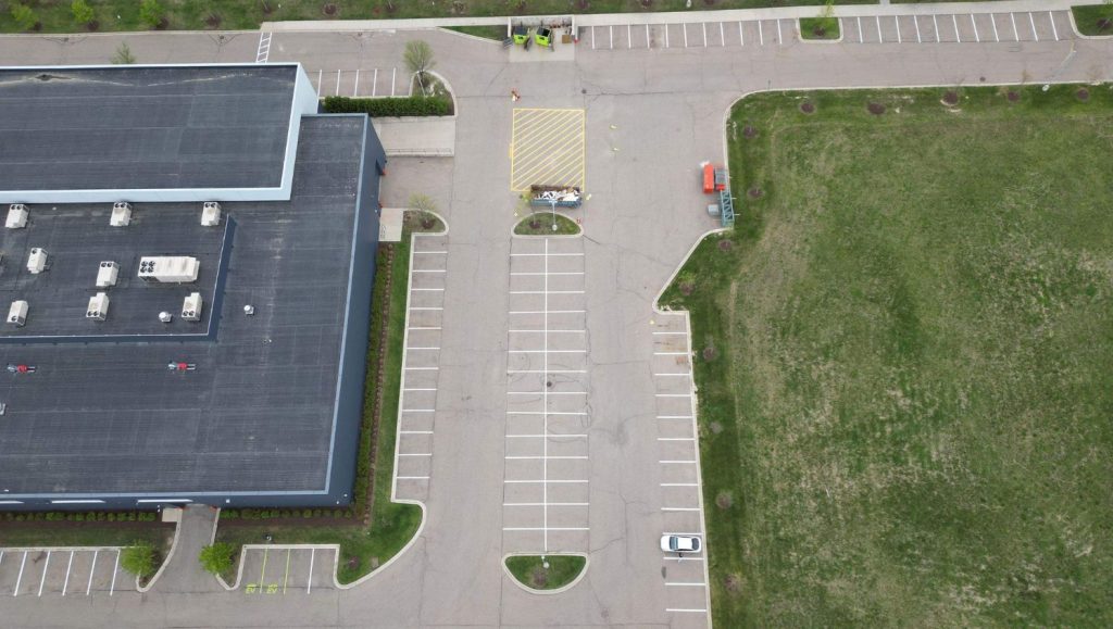 Scout Motors parking lot aerial view freshly painted