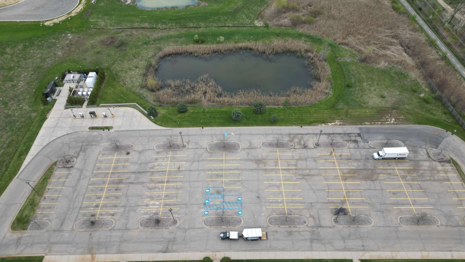 aerial view of re-striped parking lot