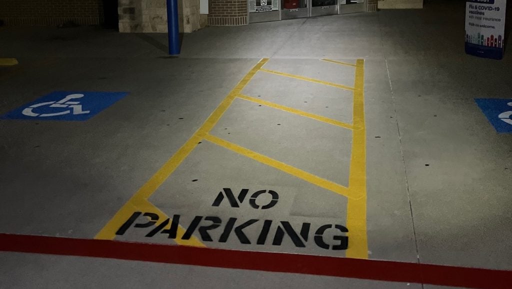 close-up of no parking line markings freshly painted for CVS