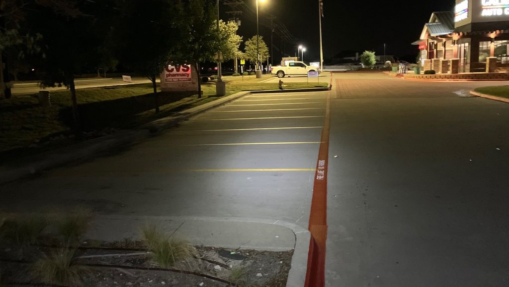 close-up of fire lane markings for CVS parking lot