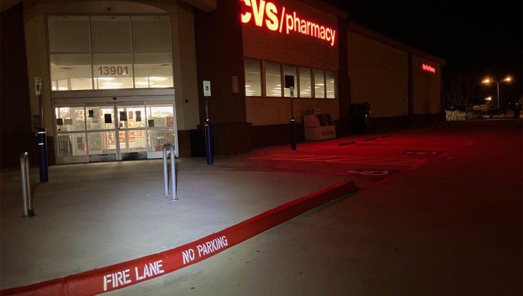 front view of CVS with freshly painted fire lane striping