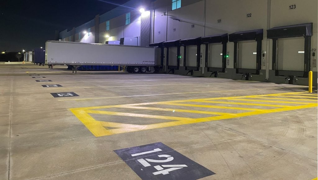 close-up of line markings freshly painted for Amazon