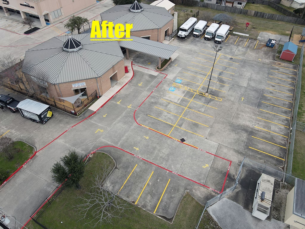 after photo showing newly striped parking lot at Silver Star Academy