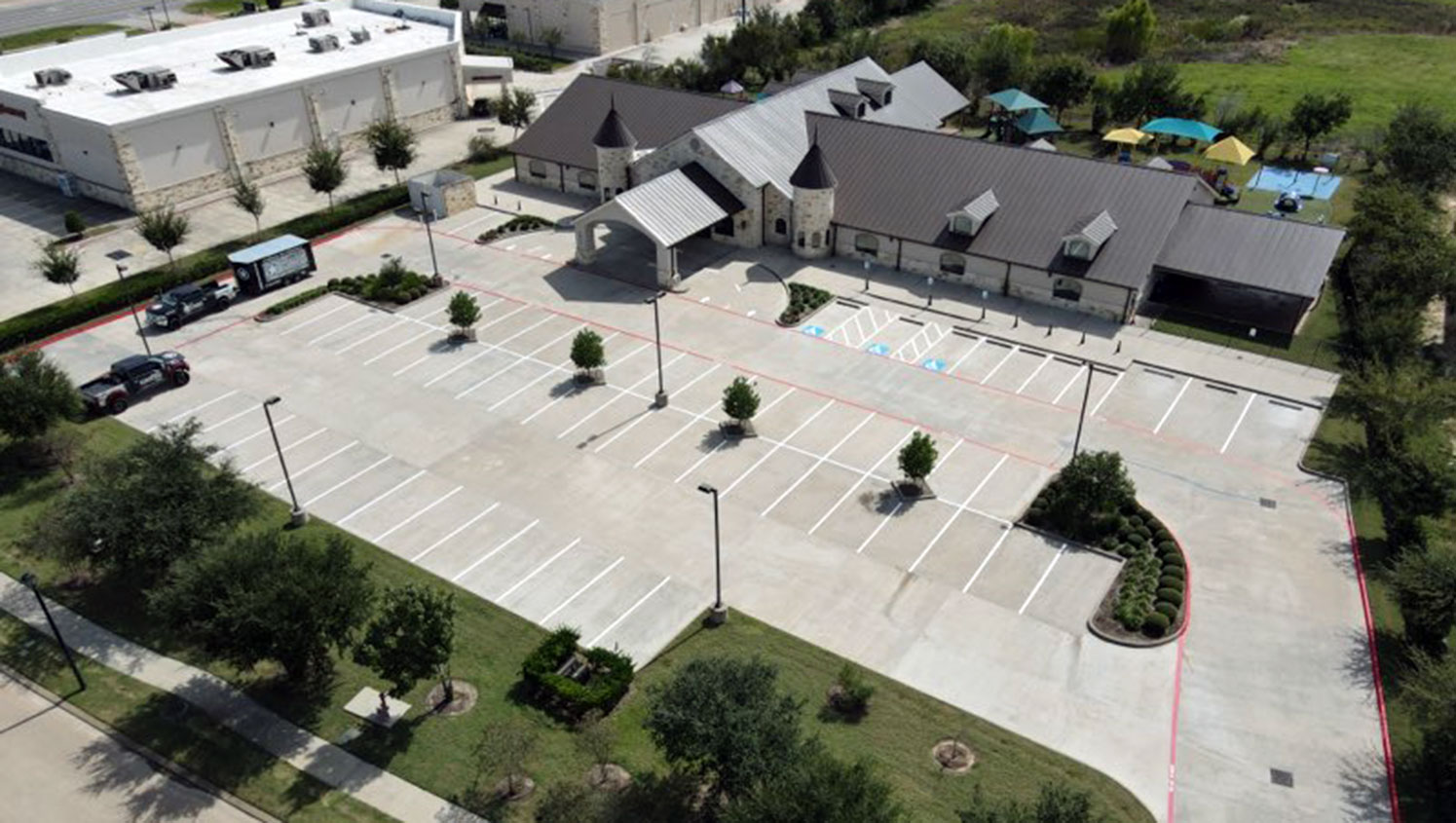 aerial view of new parking lot markings