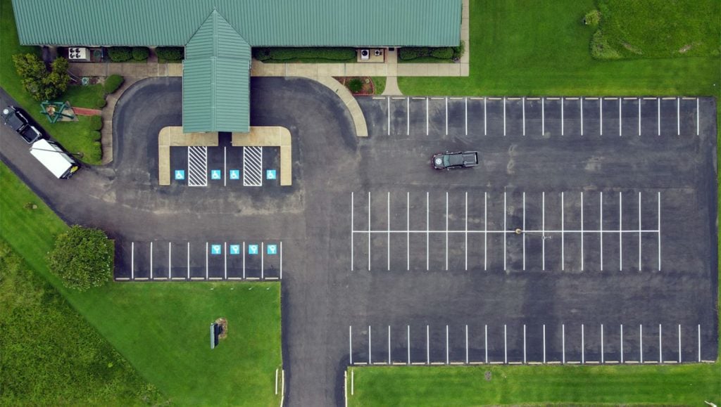 overhead view of restriped church parking lot in alvin, tx