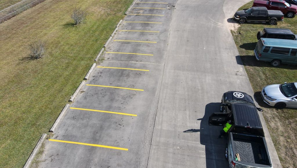 aerial view of freshly painted parking spots