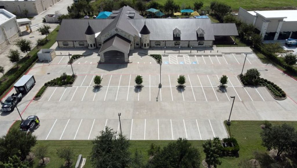 front-facing view of freshly striped parking stalls