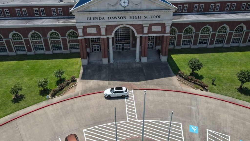 front view of Pearland ISD parking lot freshly painted