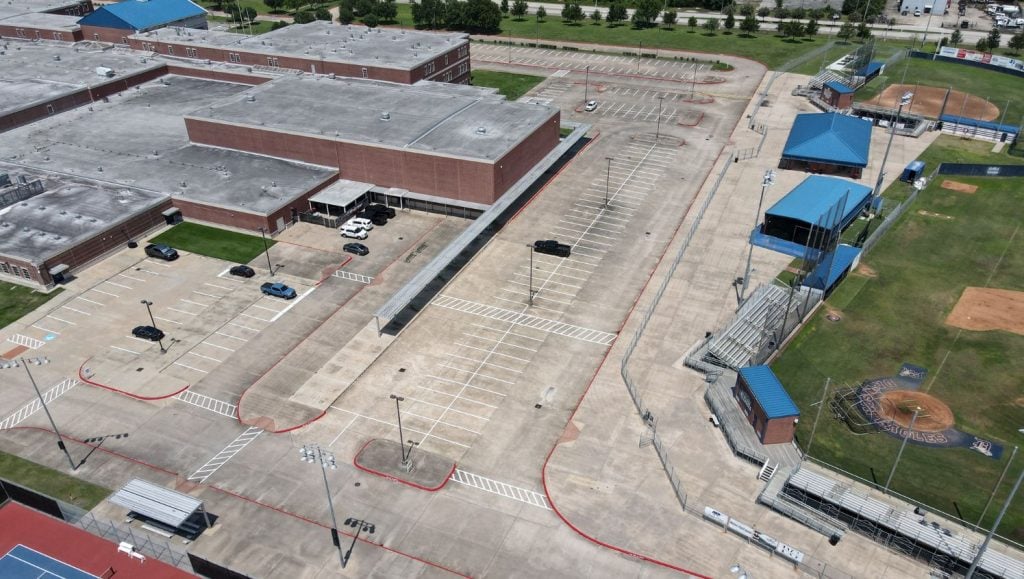 parking spots freshly painted for Pearland ISD aerial view