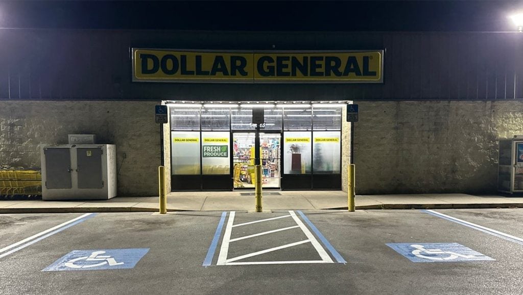 front view of Dollar General with freshly painted parking spots