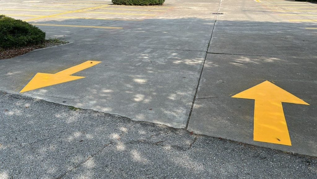 directional arrows pointing to the church