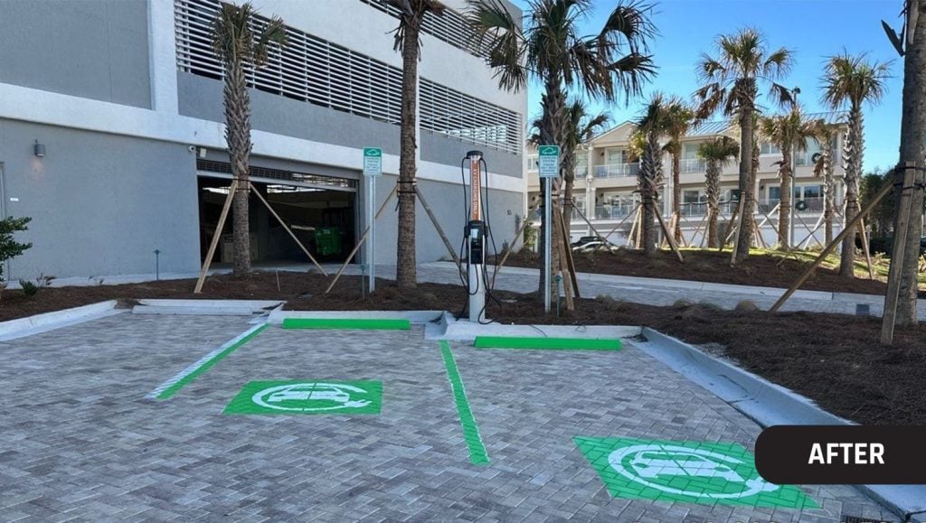 Florida Pave and Azure Condos parking spots with freshly painted ev charging stations markings