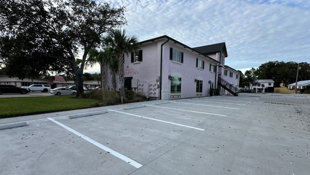 close-up of freshly painted parking spots for Castle Bay Parking Lot