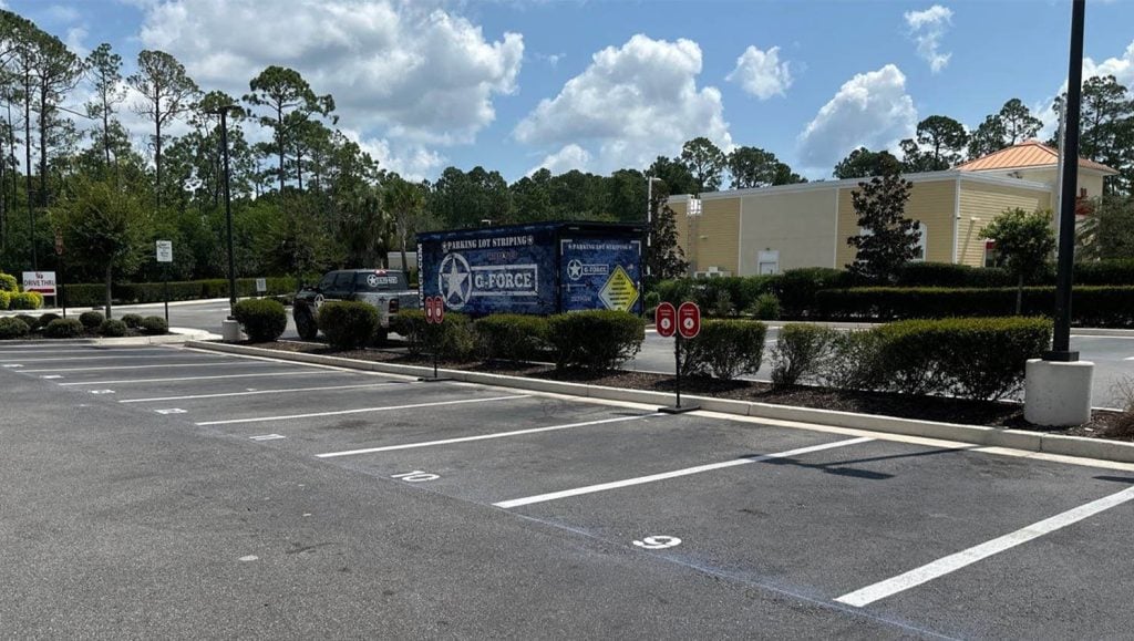 parking spots freshly painted for Chic-Fil-A