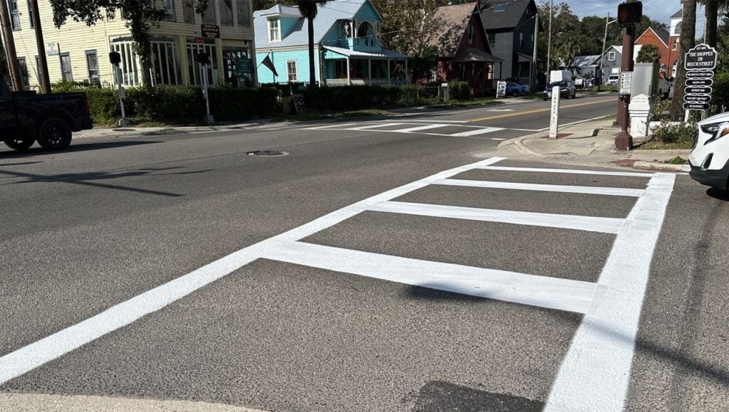 close-up of freshly painted crosswalk for City of Fernandina Beach