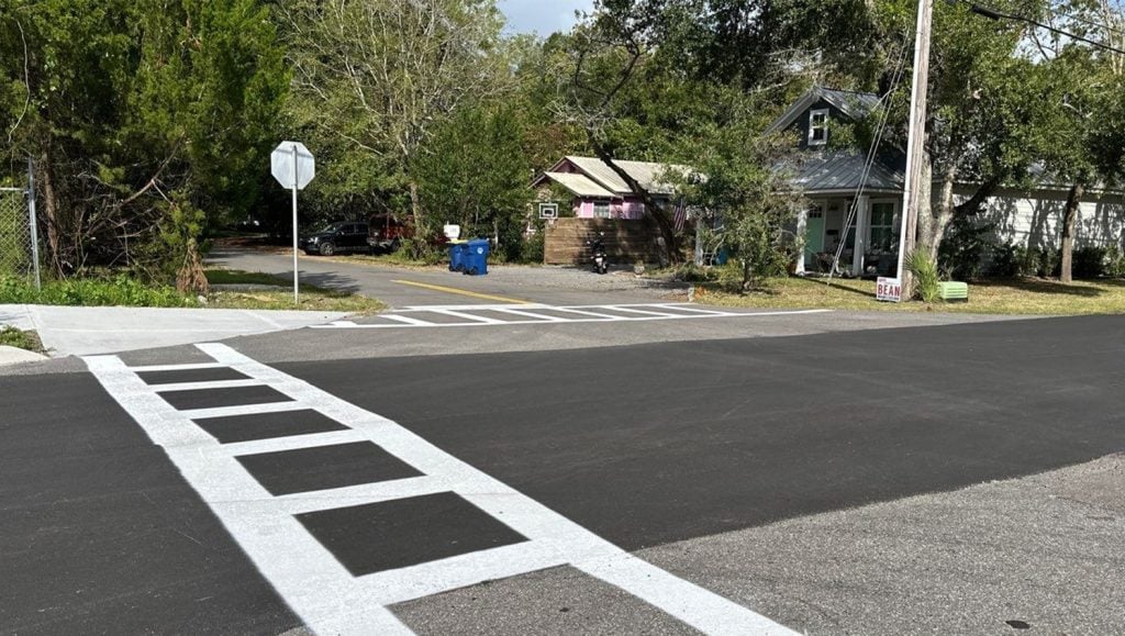 crosswalk freshly painted for City of Fernandina Beach pavement