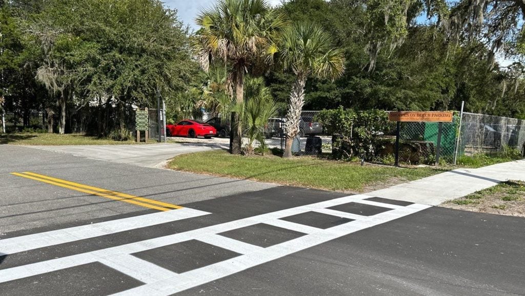 City of Fernandina Beach parking lot with freshly painted crosswalk