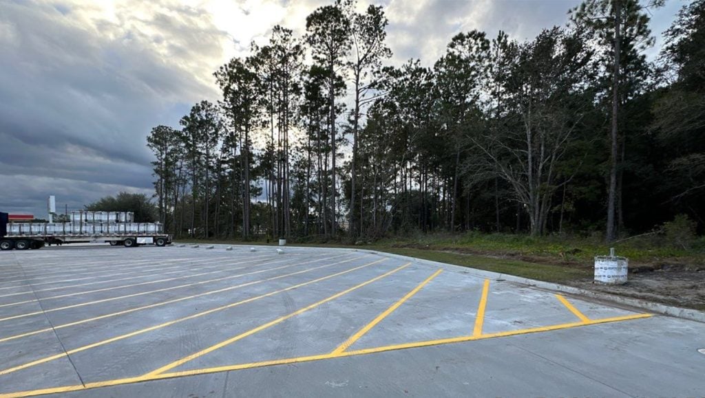 close-up of line striping freshly painted for Parker's Kitchen parking lot