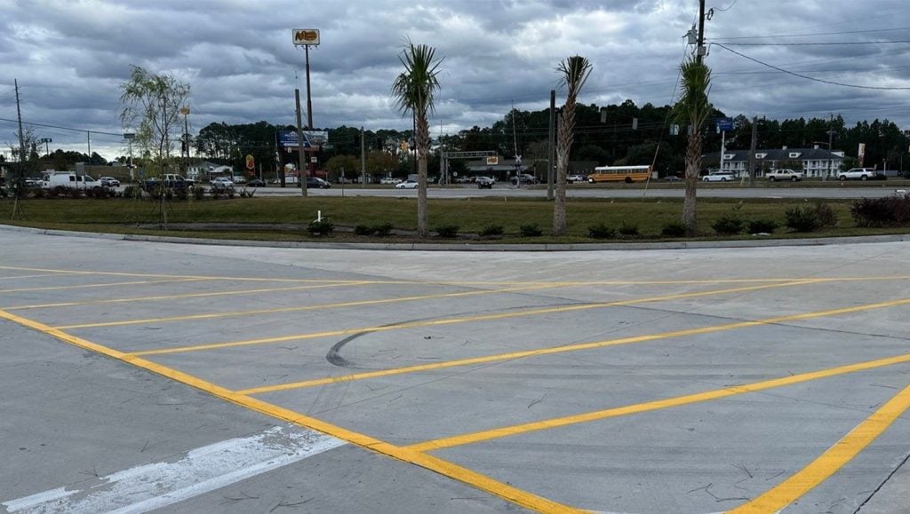crosswalk freshly painted for Parker's Kitchen parking lot
