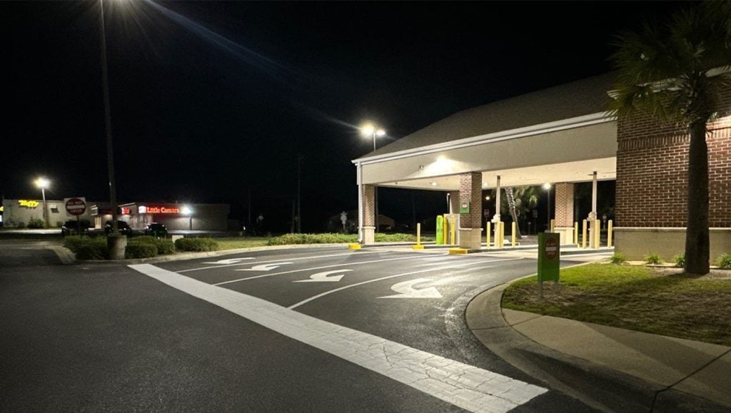 freshly painted line markings for Regions Bank drive thru